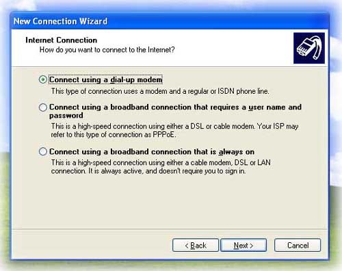 Connect using a dial-up modem