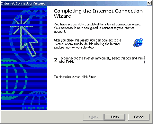 Completing the Internet Connection Wizard Screen