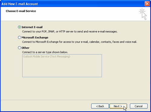 Choose E-mail Service Screen
