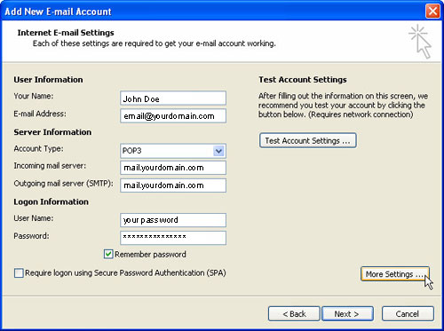 Internet E-mail Settings Screen