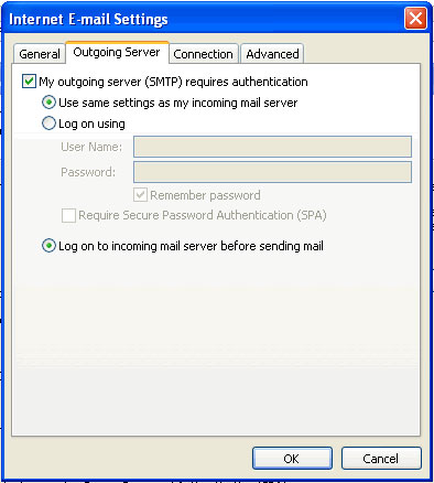 Outgoing Server Screen